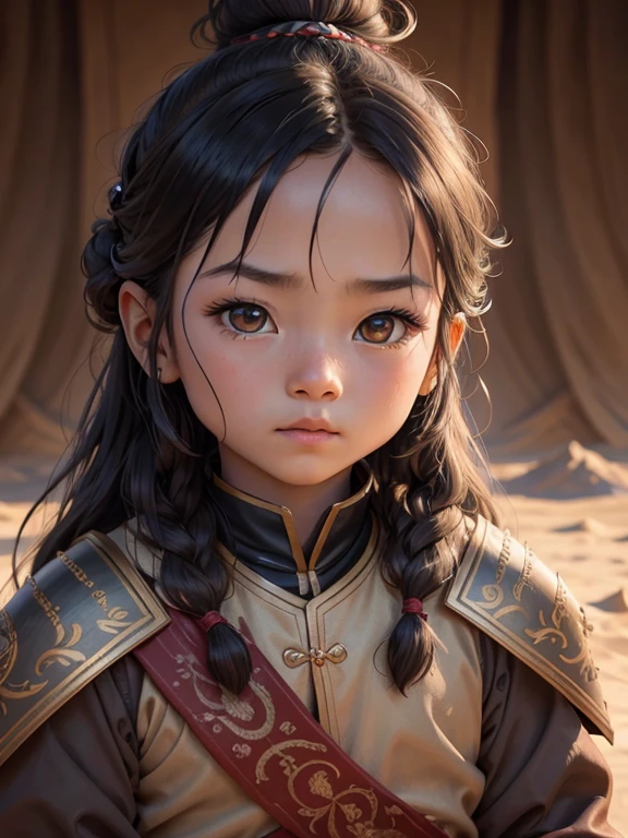 7 year old boy,long hair in bun,traditional mongolian outfit,armored,mongolia desert camp,beautiful detailed eyes,beautiful detailed lips,extremely detailed face,longeyes lashes,photorealistic,8k,ultra-detailed,masterpiece,cinematic lighting,vibrant colors,fantasy art