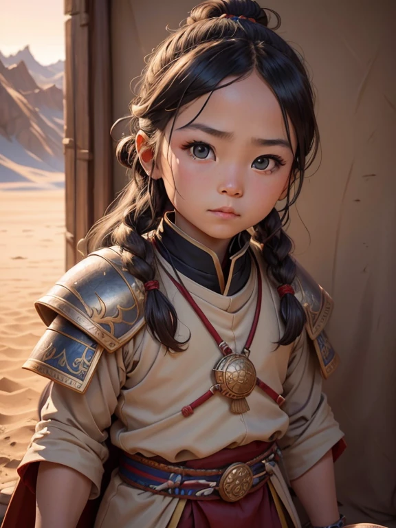 7 year old boy,long hair in bun,traditional mongolian outfit,armored,mongolia desert camp,beautiful detailed eyes,beautiful detailed lips,extremely detailed face,longeyes lashes,photorealistic,8k,ultra-detailed,masterpiece,cinematic lighting,vibrant colors,fantasy art