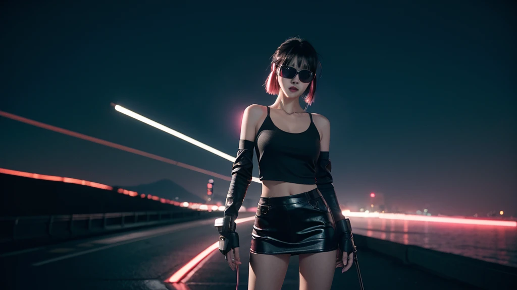 at night, A vast cyberpunk landscape set in Korea with flying cars and neon lights, in shades of pink, blue and red, in the style of Blade Runner and Ghost In The Shell. (((1girl, solo, alone))), large-breast:1.2 slim body, cleavage:1.1, sexy miniskirt, (((headphone, black sunglasses, standing and holding pistol pose))), (((half-body thigh level medium shot))), cinematic lighting, lens flare, ray tracing.