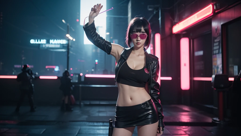 at night, A vast cyberpunk landscape set in Korea with flying cars and neon lights, in shades of pink, blue and red, in the style of Blade Runner and Ghost In The Shell. (((1girl, solo, alone))), large-breast:1.2 slim body, cleavage:1.1, sexy miniskirt, (((headphone, black sunglasses, standing and holding pistol pose))), (((half-body thigh level medium shot))), cinematic lighting, lens flare, ray tracing.