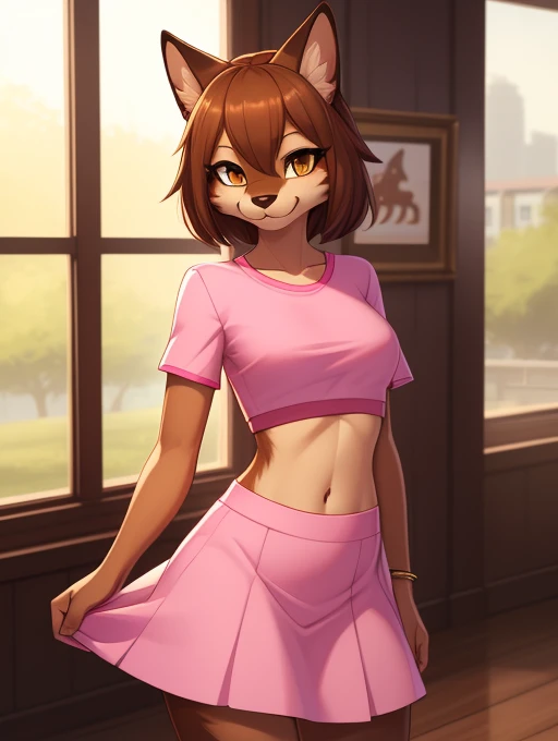 ((best quality)), ((masterpiece)), (detailed), ((2k)), trending on artstation, furry, furry style, anthro style, perfect face, a digital artwork of a sexy brown cat wearing a crop top pink short sleeve dress with pink dress skirt, a bare midriff and a bare navel 