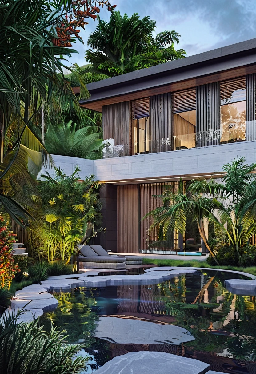 A garden villa typically features luxurious and spacious architecture. It is often designed with an open space leading to a lush tropical garden and a small pool at the back of the house. This creates a peaceful and relaxing environment for the homeowners to enjoy,dynamic (RAW photo, real, best quality, masterpiece:1.2), (hyper realistic, photo-realistic:1.2), high quality, (dark lighting:1.2), perfect lighting, archdaily, architecture digest award wining sustainable architecture, cinematic