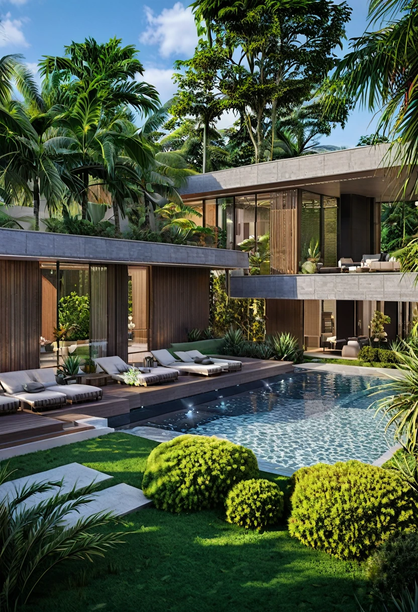 A garden villa typically features luxurious and spacious architecture. It is often designed with an open space leading to a lush tropical garden and a small pool at the back of the house. This creates a peaceful and relaxing environment for the homeowners to enjoy,dynamic (RAW photo, real, best quality, masterpiece:1.2), (hyper realistic, photo-realistic:1.2), high quality, (dark lighting:1.2), perfect lighting, archdaily, architecture digest award wining sustainable architecture, cinematic