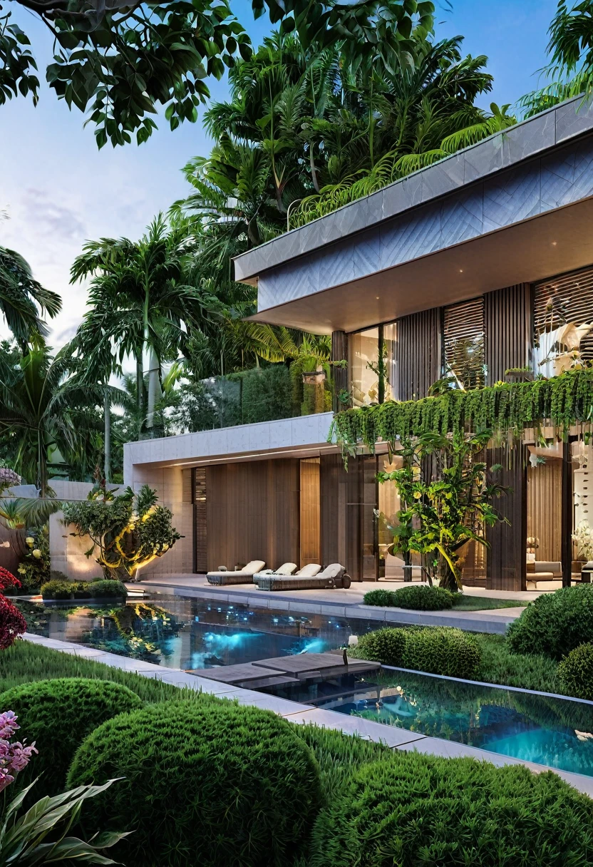 A garden villa typically features luxurious and spacious architecture. It is often designed with an open space leading to a lush tropical garden and a small pool at the back of the house. This creates a peaceful and relaxing environment for the homeowners to enjoy,dynamic (RAW photo, real, best quality, masterpiece:1.2), (hyper realistic, photo-realistic:1.2), high quality, (dark lighting:1.2), perfect lighting, archdaily, architecture digest award wining sustainable architecture, cinematic