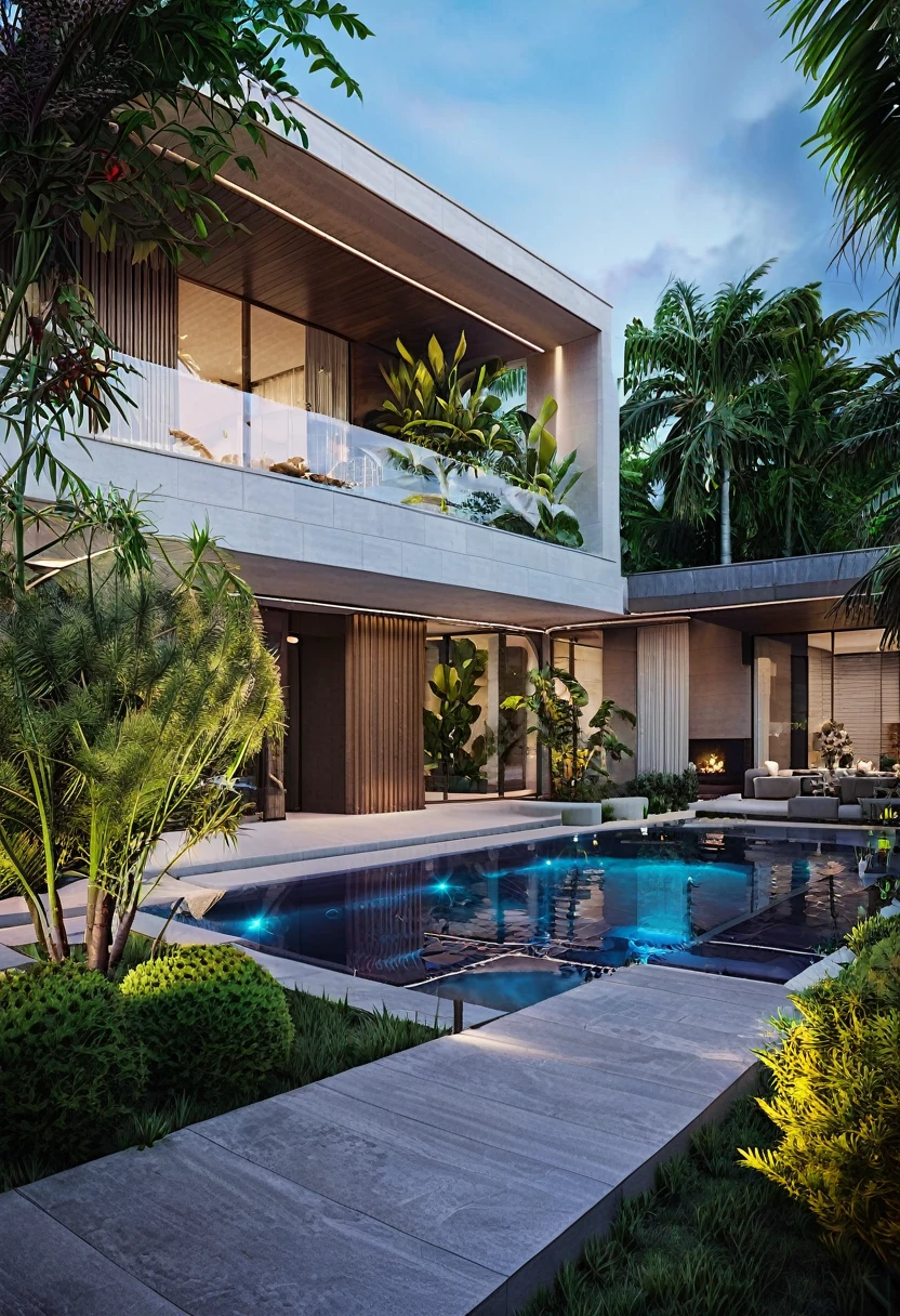 A garden villa typically features luxurious and spacious architecture. It is often designed with an open space leading to a lush tropical garden and a small pool at the back of the house. This creates a peaceful and relaxing environment for the homeowners to enjoy,dynamic (RAW photo, real, best quality, masterpiece:1.2), (hyper realistic, photo-realistic:1.2), high quality, (dark lighting:1.2), perfect lighting, archdaily, architecture digest award wining sustainable architecture, cinematic