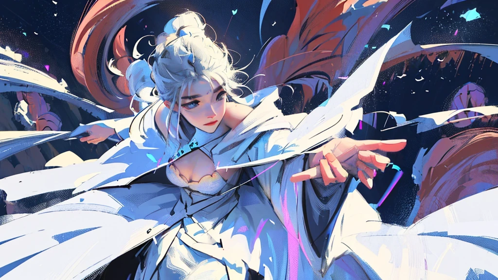 (masterpiece, top-quality, Official art, Beautifully Aesthetic:1.2), (1girl in), highly detailed, (Fractal Art:1.3), highestdetailed, Enchantress casting tempest when floating above ground, arms raised, figure leaned back mountain background, focused, nice shaped large breast, Soft expression; full body, long white robe