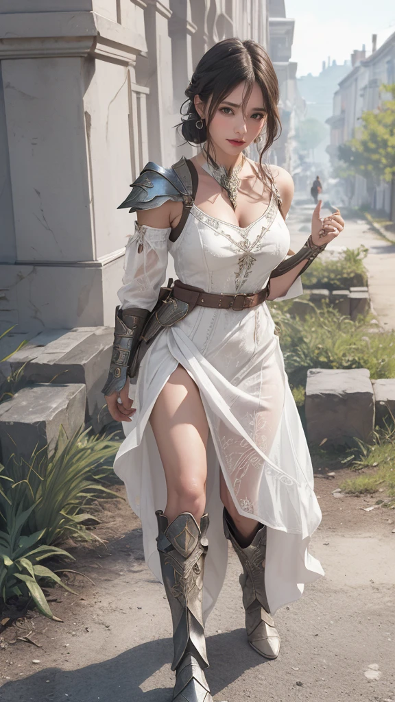 looking back,(fighting pose),(leather boots,(asymmetrical armor),(long embroidered cute dress,see through,lift up the hem of the white dress)),(random hairstyle),(Thin type:1.5),(large breasts),(Highest image quality,(8K), Ultra-realistic, Best Quality, High quality, High Definition, high quality texture, high detailing, Beautiful detailed, fine detailed, extremely details CG, Detailed texture, realistic representation of face, masterpiece, presence)
