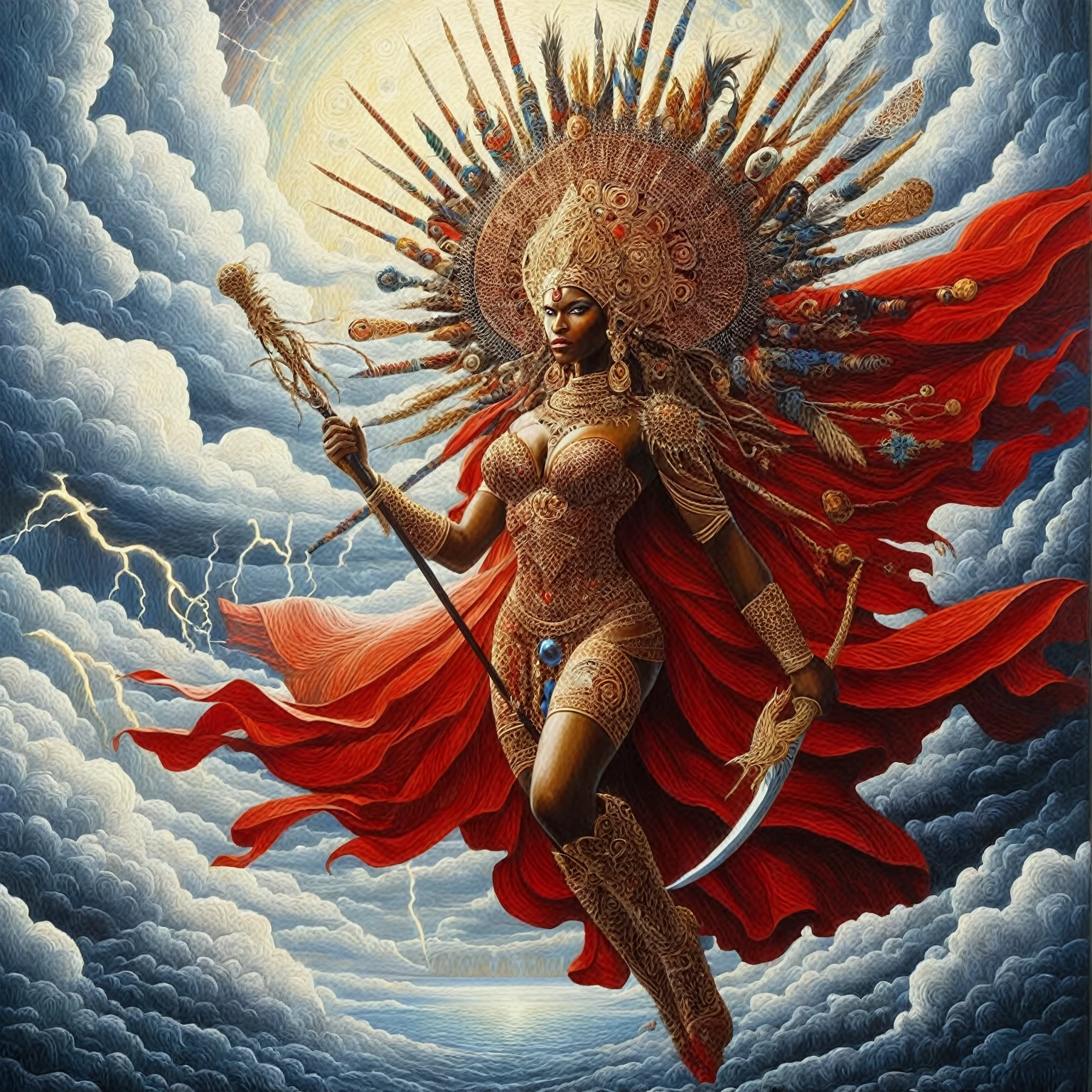 a painting of a woman with a sword and a red cape, dark skin female goddess of love, por Mati Klarwein, extremely detailed goddess shot, goddess. extreme hight detail, inspired por Mati Klarwein, goddess of lightning, Egyptian god storm, ilm, a stunning portrait of a goddess, as the goddess of the sun, goddess art, Die Klarwein e Moebius