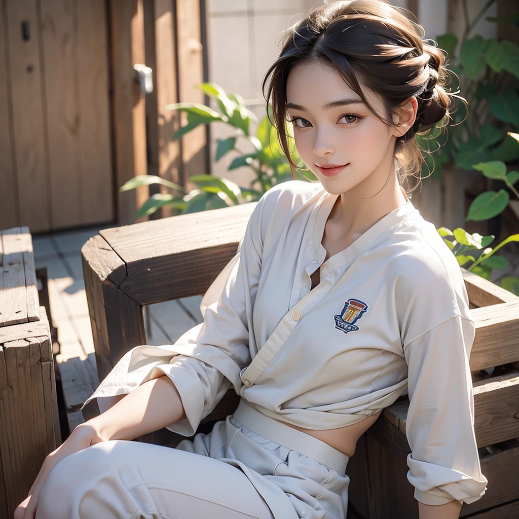 Did G, One girl, Front view, stand, Looking at the audience, Exposed Skin, (From below),Brown eyes, (Brown updo hairstyle:1.2), (Light Hair), (Medium chest:1.4), Smiling with white teeth, (Photorealistic:1.4), (Best image quality:1.0), (Ultra-high resolution:1.0), 8k, RAW Photos, (masterpiece:0.2), Athletics uniforms, Show me your abs, (Sweat, Wetty:1.1), Portrait, Face Focus, Full Body,(Pure Eros Face_v1:0.5), Outdoor, Athletics,