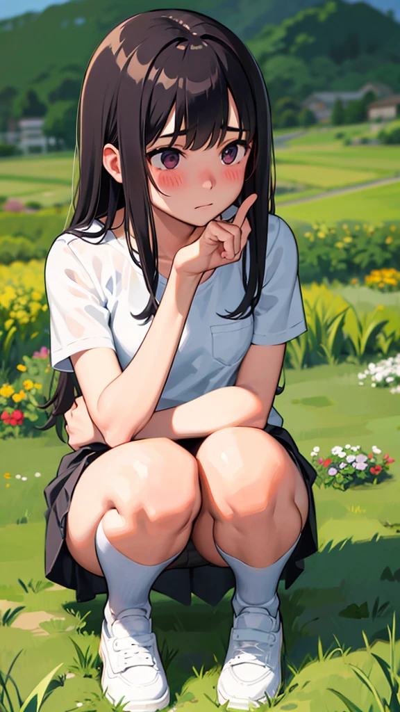 Girl、squat、Blushing、Grassland、In the shade、Hold your crotch with one hand、Look at the ground
