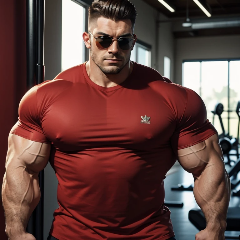 a very handsome man, Mid fade haircut, sunglasses, massively muscular, massively large muscles, massively large muscular and defined body, massively large and muscular arms, shoulders and biceps, a red shirt, leaning against the gym wall, seen from close