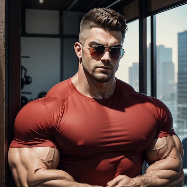 a very handsome man, Mid fade haircut, sunglasses, massively muscular, massively large muscles, massively large muscular and defined body, massively large and muscular arms, shoulders and biceps, a red shirt, leaning against the gym wall, seen from close