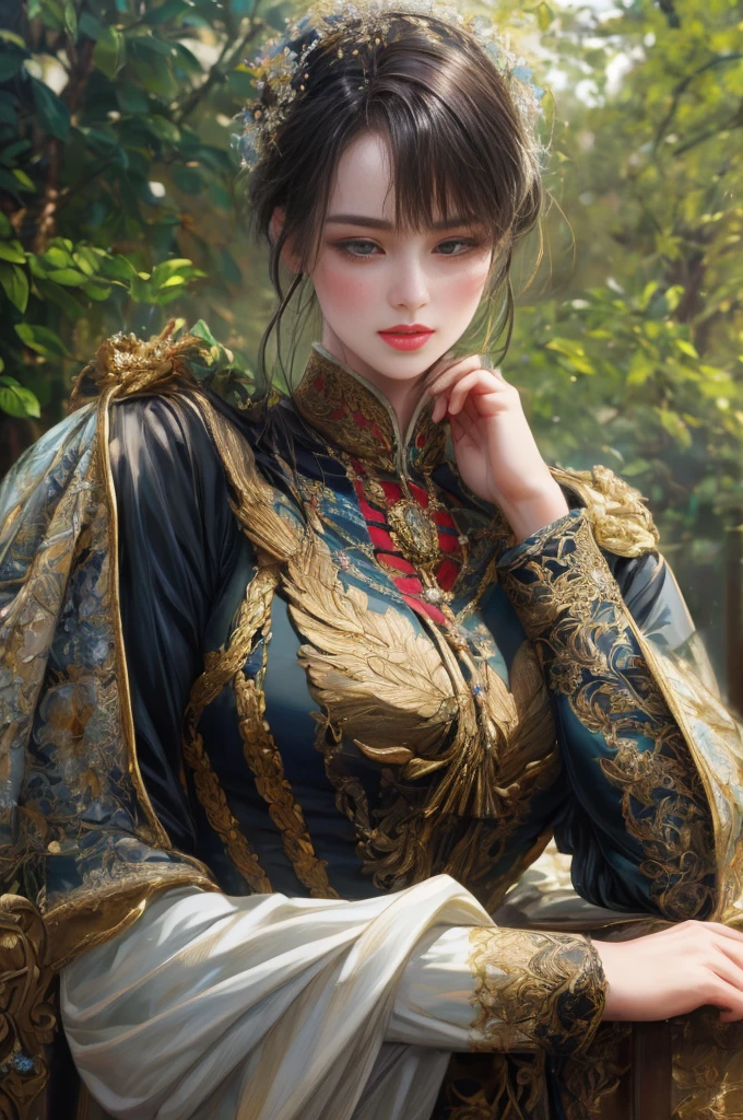 a beautiful detailed girl with short dark hair, striking facial features, and an elegant expression, wearing an ornate military-inspired uniform, surrounded by a lush, detailed garden landscape with intricate foliage and flowers, (best quality,4k,8k,highres,masterpiece:1.2),ultra-detailed,(realistic,photorealistic,photo-realistic:1.37),HDR,UHD,studio lighting,ultra-fine painting,sharp focus,physically-based rendering,extreme detail description,professional,vivid colors,bokeh,portraits,fantasy,intricate,complex