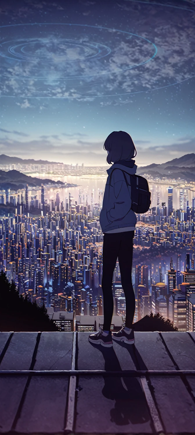 A girl with her hands in her pockets looking towards the me standing on the ledge of a mountain with a city in the background at night time