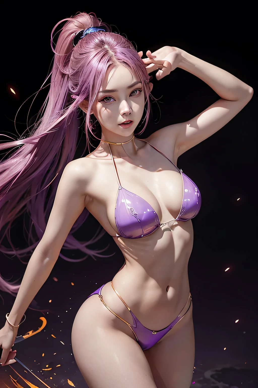 an elegant conservative girl, body whit bioluminescence, glowing, colored hair, beautiful eyes, toned figure, dynamic pose, amazing moment, rational, cheerful, harmonious beauty. purple and gold and red, high saturation color scheme, minimalism, by Takehiko Inoue, by Hajime Sorayama. --stylize 500.0