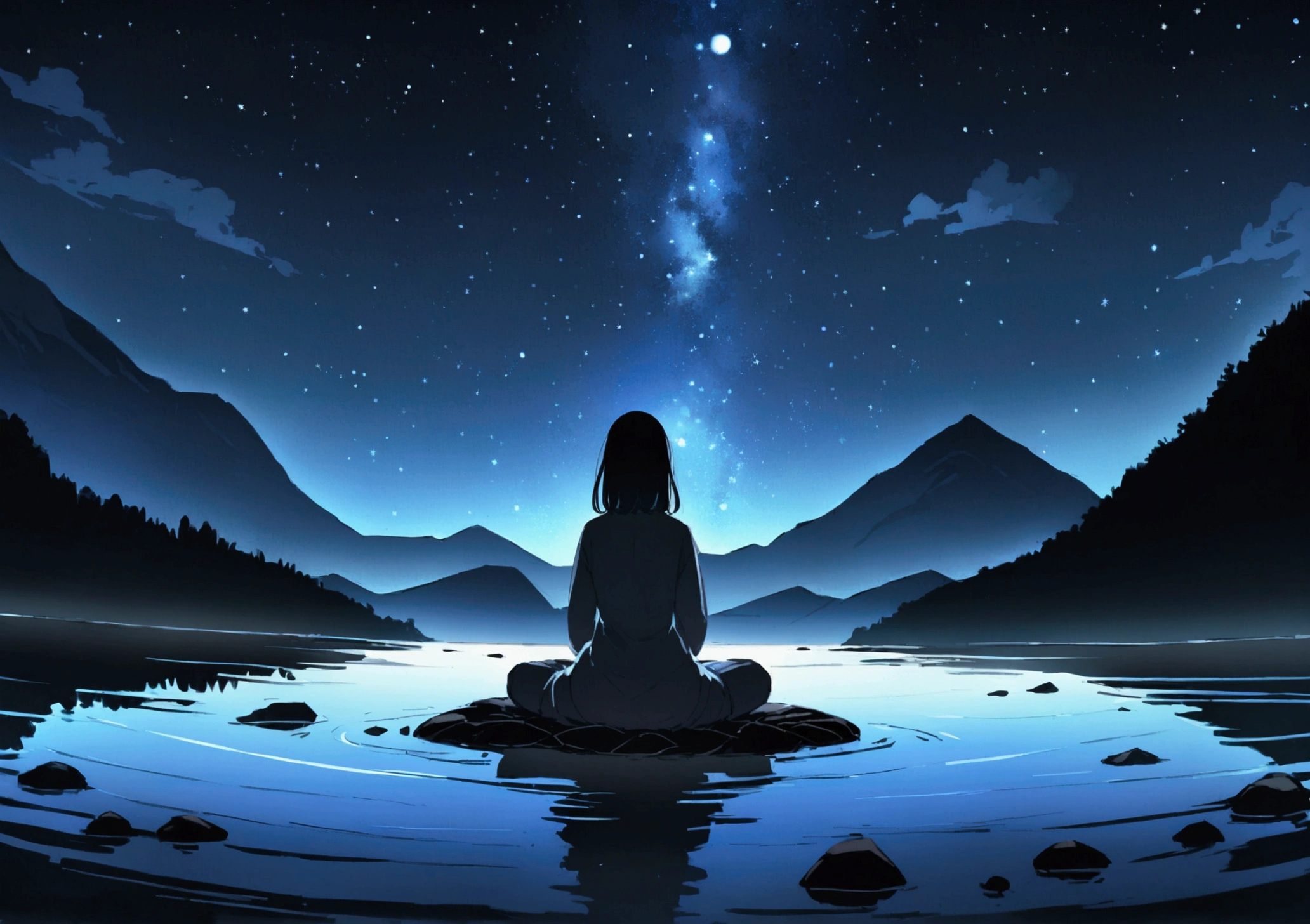 In the middle of the pond、With the mountain tops in the background and the Starry Sky、A girl meditating on trash at night、universe、Starry Sky、night、meditation、meditationのポーズ