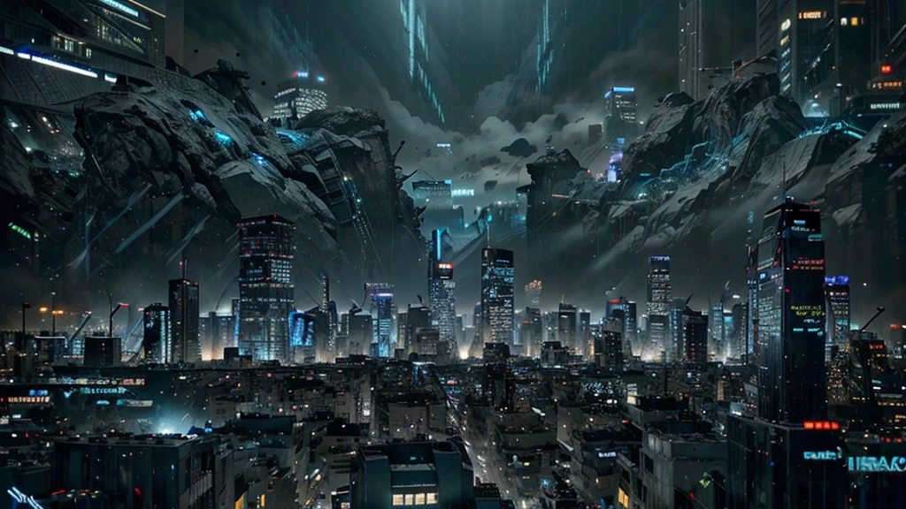 a dark cyberpunk city landscape, intricate futuristic architecture and technology, glowing neon lights, dark blue and black color scheme, futuristic cityscape, high-tech devices, advanced machinery, dramatic lighting, cinematic composition, intricate details, dynamic camera angle, photorealistic, 8k, ultra-detailed, masterpiece, concept art