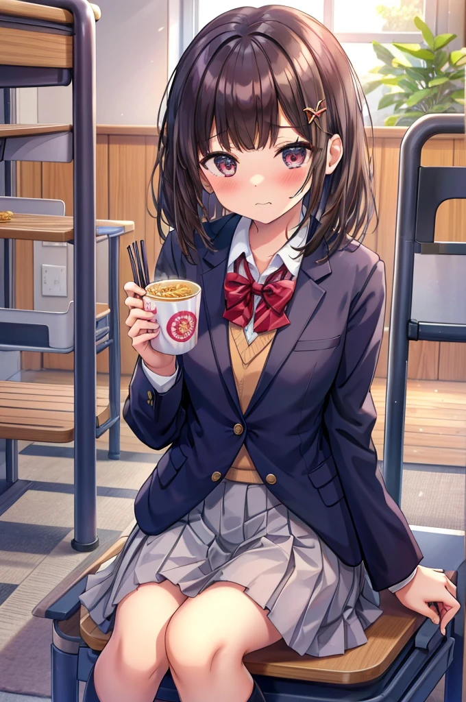 Colleges and universities　Girls-only school　　Multiple female students　Elementarm background　Sitting in a chair　Slurping on rotten instant noodles　beautiful girl　Classmate　Multiple women　Focus on sight　Very cute blazer　Eating with chopsticks　Blushing cheeks　Embarrassed expression