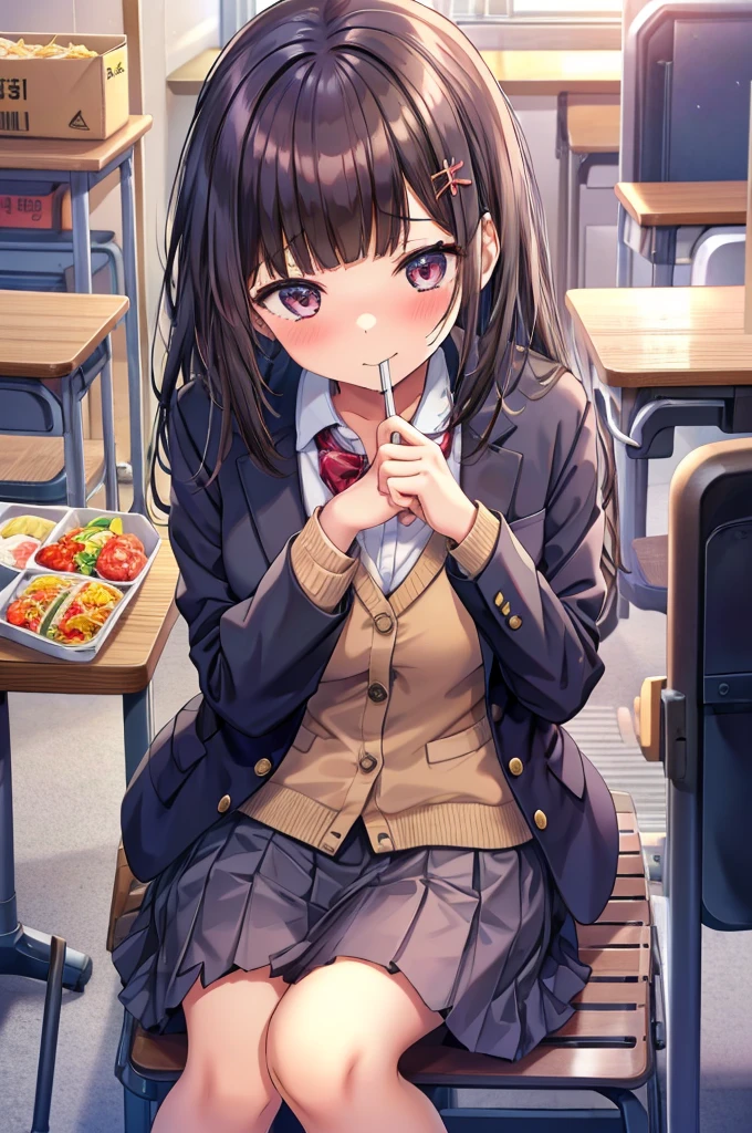 Colleges and universities　Girls-only school　Baby Face　Multiple female students　Elementary school classroom background　Sitting in a chair　Slurping on rotten instant noodles　beautiful girl　Classmate　Multiple women　Focus on sight　Very cute blazer　Eating with chopsticks　Blushing cheeks　Embarrassed expression