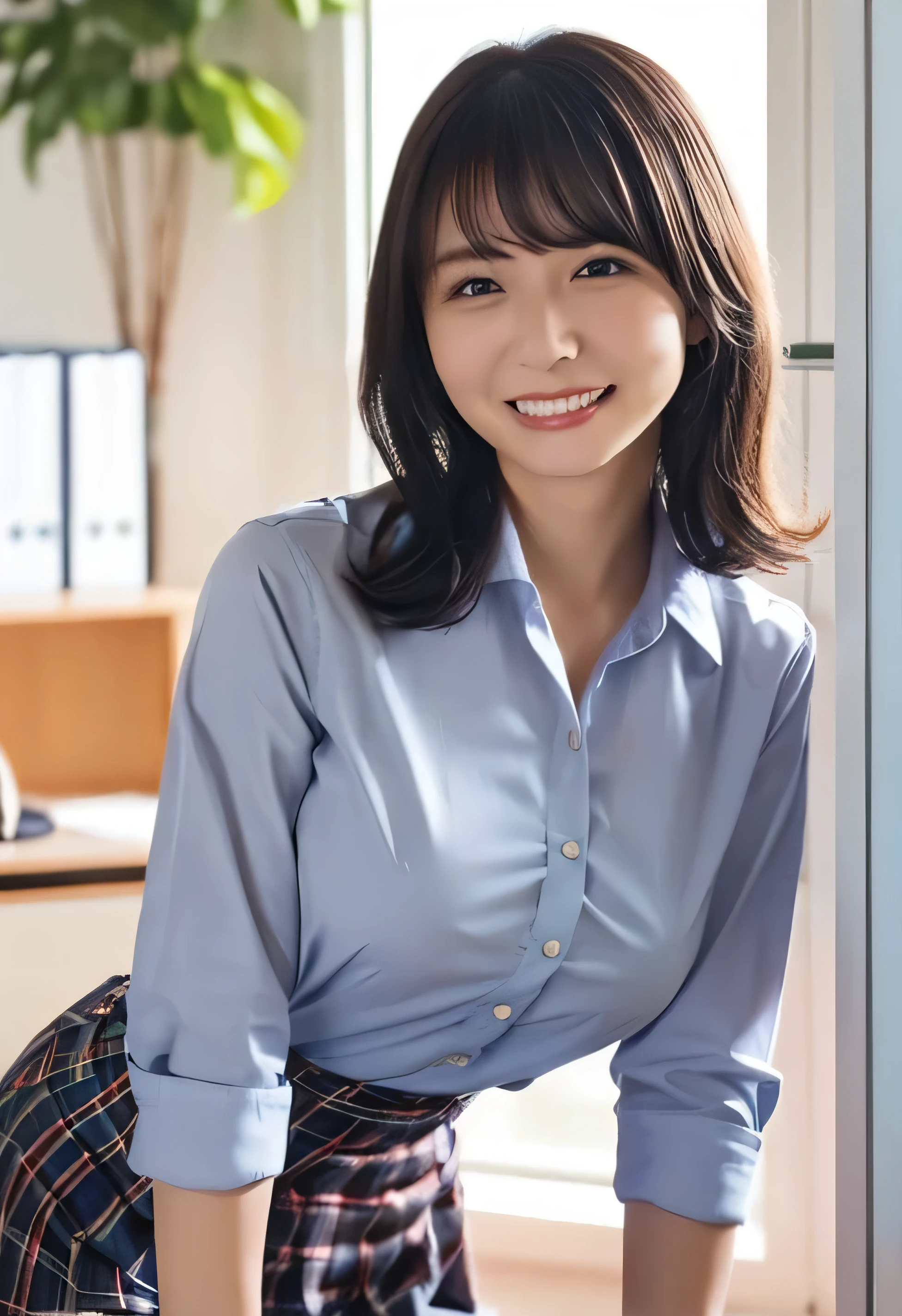 (White collared shirt、Offering tea、 hairstyle、Photo from the waist up:1.4).One Girl, Cool Biz、(Put your hands on the desk and stick your butt oufice、Her natural G-cup breasts aree even through her clothes、Office Lady Uniform、Cute beauty, Delicate girl:1.3), (24-years-old:1.3),(Smiling with teeth showing、Cute smiling eyes、Cute loose perm、(Fluffy hair、Loose perm、Braid only the bangs:1.4)Braid only the bangs、Fluffy hair、Medium Short Hair、Wearing an office lady skirt、Round and ample breasts、Curved waio from the waist up:1.4)
Very beautiful eyes, (Office Lady Uniform:1.3), (G-cup big breasts:0.5), Brown e bangs, Light brown hair,
, A face of ecstasy、(The expression of ecstasy、Af ecstasy:1.0),
, (masterpighest quality, Supiled, Detailed face, 8k)