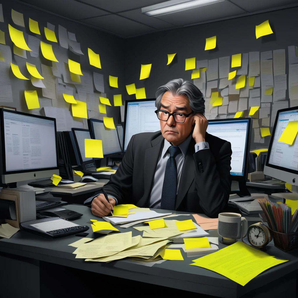 Left Half (Traditional market)
fund: A gray and crowded office, with cramped cubicles and several people working at their desks.
persona: A middle-aged man or woman, wearing formal clothes, sitting at a table with piles of paper, an old computer, and an expression of tiredness and frustration on your face.
Additional Elements: A clock on the wall showing the end of the day, with several people looking impatiently at him. Post-its and disorganized documents around.
atmosphere: Dark and monotonous, with fluorescent lighting and dim colors, symbolizing the lack of freedom and the exhausting routine.