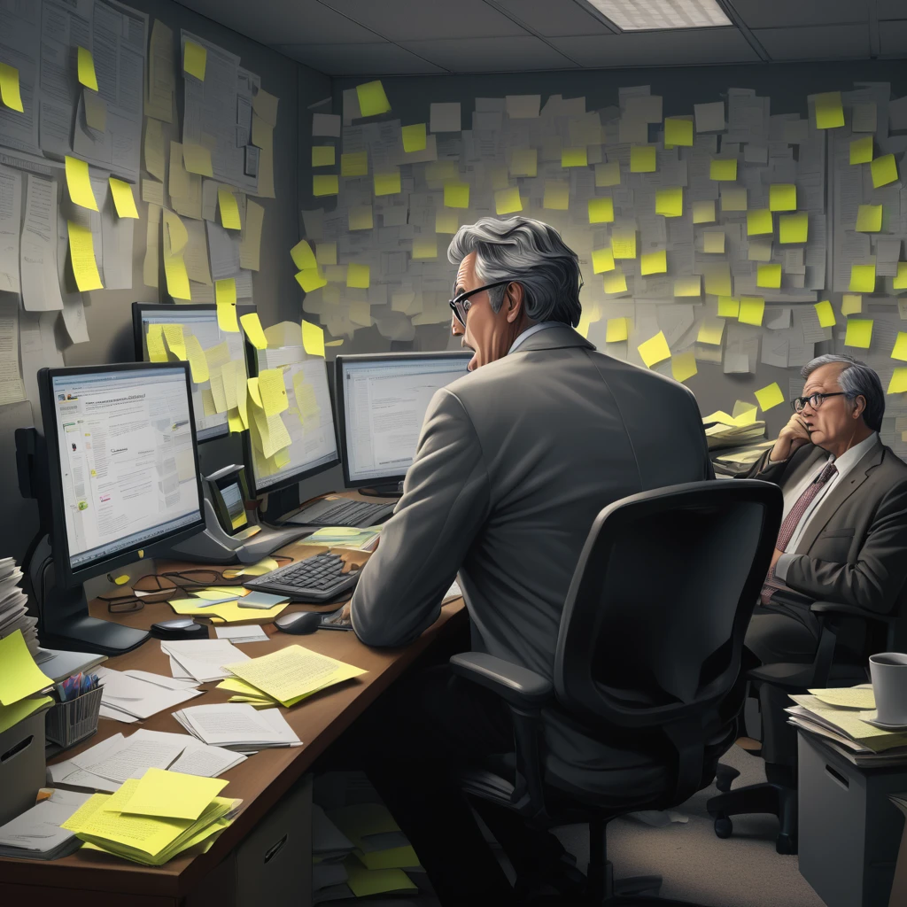 Left Half (Traditional market)
fund: A gray and crowded office, with cramped cubicles and several people working at their desks.
persona: A middle-aged man or woman, wearing formal clothes, sitting at a table with piles of paper, an old computer, and an expression of tiredness and frustration on your face.
Additional Elements: A clock on the wall showing the end of the day, with several people looking impatiently at him. Post-its and disorganized documents around.
atmosphere: Dark and monotonous, with fluorescent lighting and dim colors, symbolizing the lack of freedom and the exhausting routine.