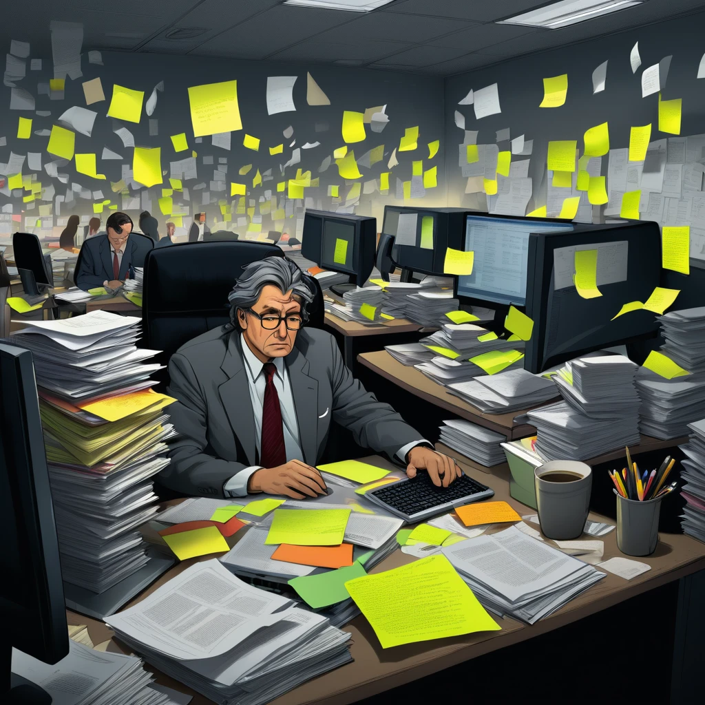 Left Half (Traditional market)
fund: A gray and crowded office, with cramped cubicles and several people working at their desks.
persona: A middle-aged man or woman, wearing formal clothes, sitting at a table with piles of paper, an old computer, and an expression of tiredness and frustration on your face.
Additional Elements: A clock on the wall showing the end of the day, with several people looking impatiently at him. Post-its and disorganized documents around.
atmosphere: Dark and monotonous, with fluorescent lighting and dim colors, symbolizing the lack of freedom and the exhausting routine.