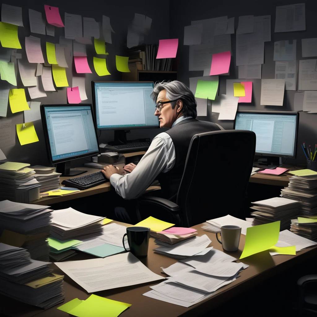 Left Half (Traditional market)
fund: A gray and crowded office, with cramped cubicles and several people working at their desks.
persona: A middle-aged man or woman, wearing formal clothes, sitting at a table with piles of paper, an old computer, and an expression of tiredness and frustration on your face.
Additional Elements: A clock on the wall showing the end of the day, with several people looking impatiently at him. Post-its and disorganized documents around.
atmosphere: Dark and monotonous, with fluorescent lighting and dim colors, symbolizing the lack of freedom and the exhausting routine.