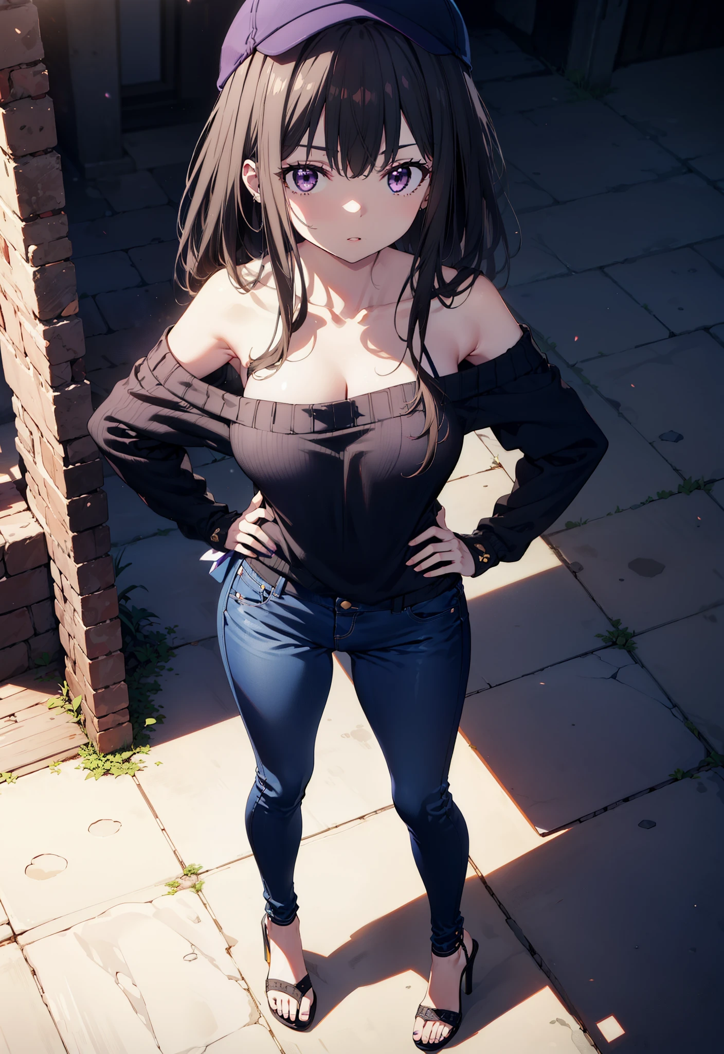 Takiuchikami, Long Hair, bangs, Black Hair, (Purple eyes:1.2),Baseball hats,Blue one-shoulder sweater,Skinny jeans,Stiletto heels,Place one hand on hip,Are standing,whole bodyがイラストに入るように,Daytime,
break outdoors, In town,
break looking at viewer, whole body,
break (masterpiece:1.2), Highest quality, High resolution, unity 8k wallpaper, (figure:0.8), (Beautiful attention to detail:1.6), Highly detailed face, Perfect lighting, Highly detailed CG, (Perfect hands, Perfect Anatomy),