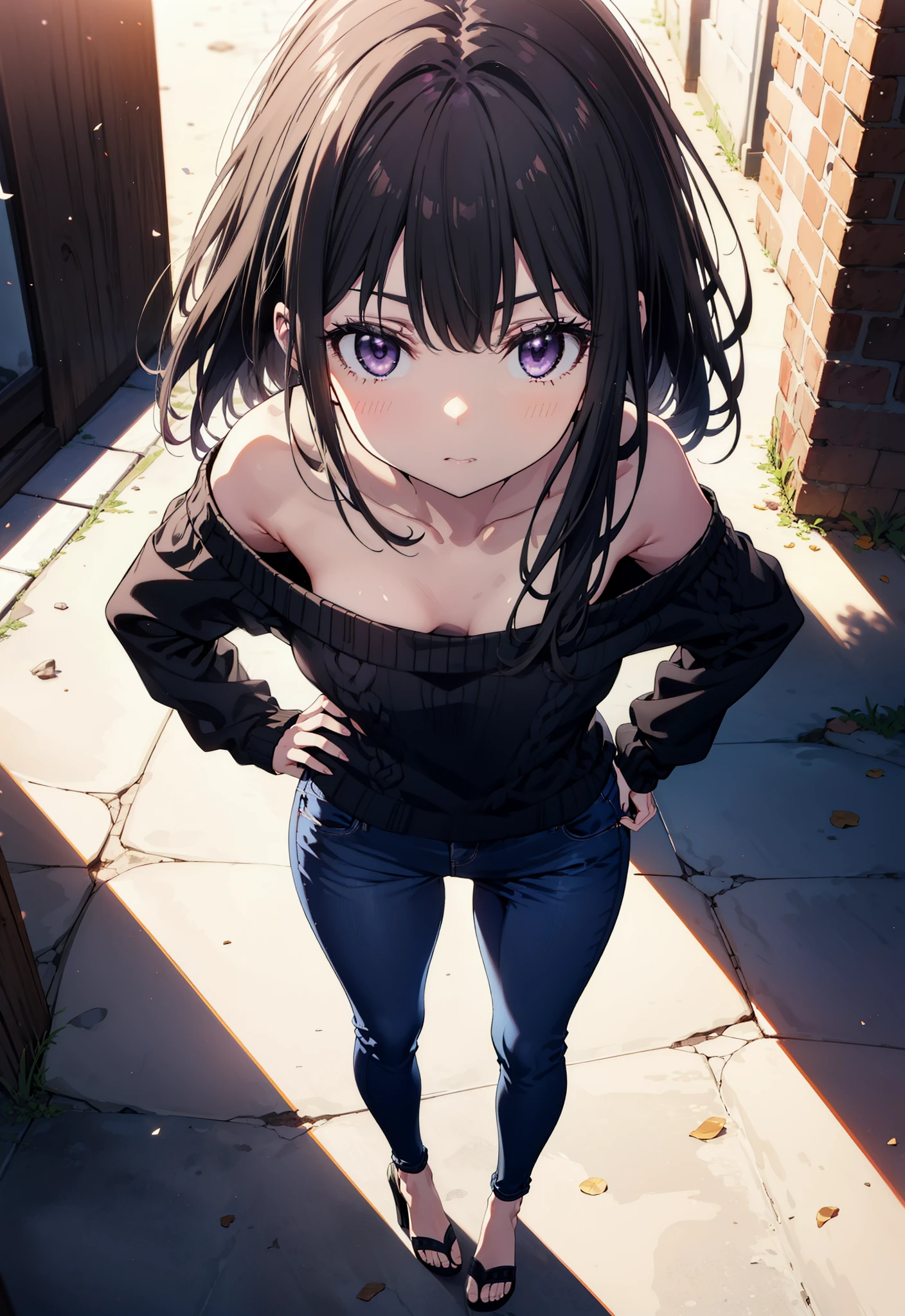 Takiuchikami, Long Hair, bangs, Black Hair, (Purple eyes:1.2),Baseball hats,Blue one-shoulder sweater,Skinny jeans,Stiletto heels,Place one hand on hip,Are standing,whole bodyがイラストに入るように,Daytime,
break outdoors, In town,
break looking at viewer, whole body,
break (masterpiece:1.2), Highest quality, High resolution, unity 8k wallpaper, (figure:0.8), (Beautiful attention to detail:1.6), Highly detailed face, Perfect lighting, Highly detailed CG, (Perfect hands, Perfect ???????),