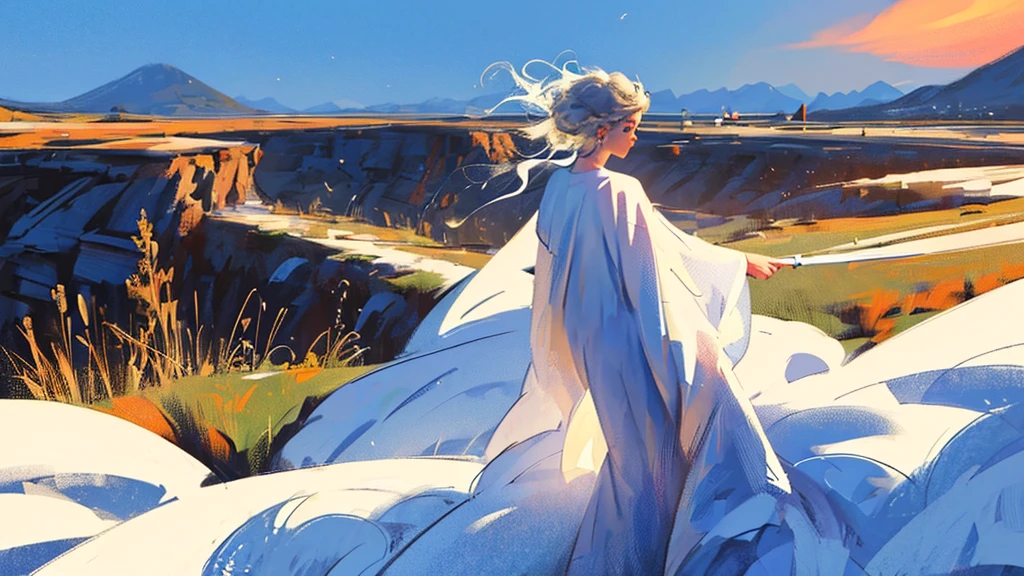 (​masterpiece, top-quality, Official art, Beautifully Aesthetic:1.2), (1girl in), highly detailed, Enchantress casting tempest when floating above ground, arms raised, figure leaned back mountain background, focused, nice shaped large breast, Soft expression; full body, long white robe