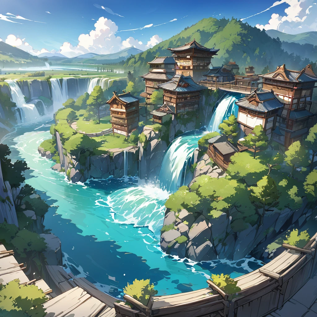 Concept Art, No humans, scenery, water, null, Day, wood, cloud, waterfall, Outdoor, building, nature, river, blue null