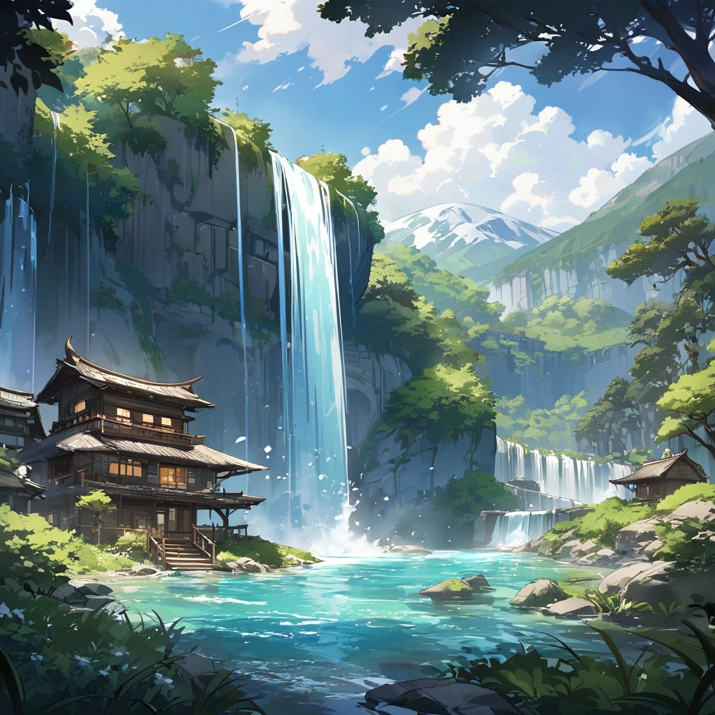 Concept Art, No humans, scenery, water, null, Day, wood, cloud, waterfall, Outdoor, building, nature, river, blue null
