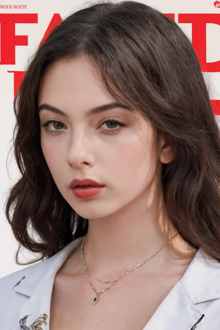 (masterpiece,best quality:1.2), high detailed,realistic,black hair, messy hair, brown eyes, d3vac 1girl, day, lips, long hair, looking at viewer, magazine cover, necklace, parted lips, portrait, realistic, red lips, solo, upper body, white background