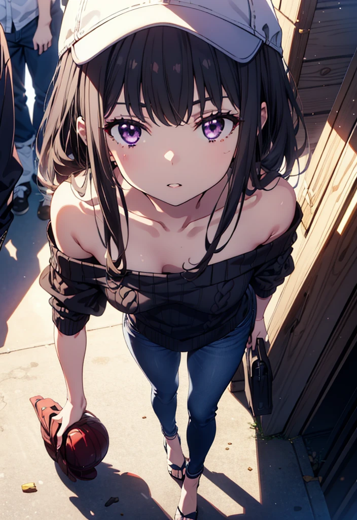 Takiuchikami, Long Hair, bangs, Black Hair, (Purple eyes:1.2),Baseball hats,Blue one-shoulder sweater,Skinny jeans,Stiletto heels,Place one hand on hip,Are standing,whole bodyがイラストに入るように,Daytime,
break outdoors, In town,
break looking at viewer, whole body,
break (masterpiece:1.2), Highest quality, High resolution, unity 8k wallpaper, (figure:0.8), (Beautiful attention to detail:1.6), Highly detailed face, Perfect lighting, Highly detailed CG, (Perfect hands, Perfect Anatomy),