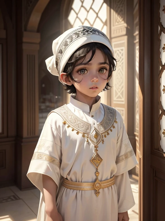 a young muslim boy, , messy dark hair, beautiful detailed eyes,beautiful detailed lips,extremely detailed eyes and face,longeyelashes, wearing a white thobe cloth, white kufi hat, mosque interior, ornate architecture, sunlight streaming through windows, intricate details, high quality, photorealistic, masterpiece, award winning, cinematic lighting, dramatic shadows