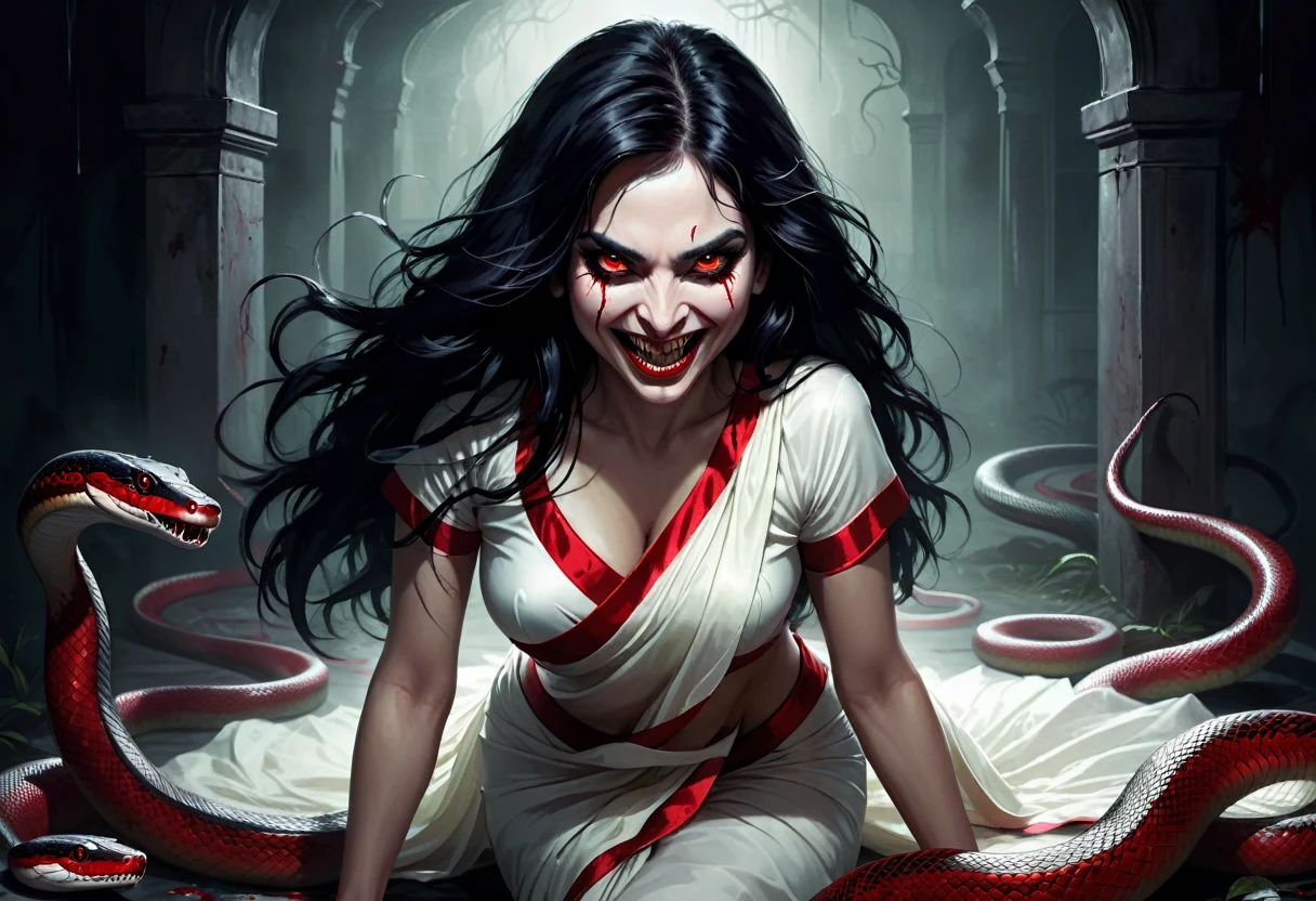 Digital illustration with a dark, eerie style. (full body) The layout features a central figure, a woman with long, disheveled black hair, her hair contains snake, crawling towards the viewer. Her skin is pale, and her eyes are glowing white, scary looks, cruel smile on face, blood on teeth, giving her a menacing appearance. She has a wide, sinister grin with sharp teeth. The woman is dressed in a white sari with red borders, dark atmosphere, scary bloody ambience