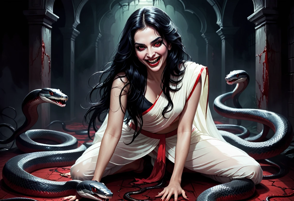 Digital illustration with a dark, eerie style. (full body) The layout features a central figure, a woman with long, disheveled black hair, her hair contains snake, crawling towards the viewer. Her skin is pale, and her eyes are glowing white, scary looks, cruel smile on face, blood on teeth, giving her a menacing appearance. She has a wide, sinister grin with sharp teeth. The woman is dressed in a white sari with red borders, dark atmosphere, scary bloody ambience