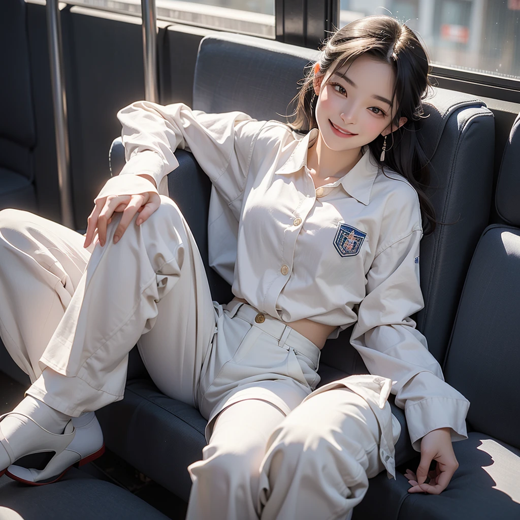 Highest quality, masterpiece, Ultra-high resolution, (reality: 1.4), Original photo, One Girl, mature, White JK Uniform, Smile, , Squatting on a train seat,  Cinema Lighting