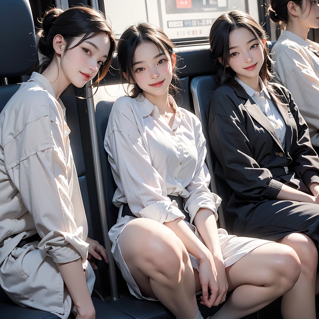 Highest quality, masterpiece, Ultra-high resolution, (reality: 1.4), Original photo, One Girl, mature, White JK Uniform, Smile, , Squatting on a train seat,  Cinema Lighting