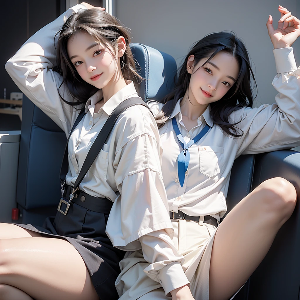 Highest quality, masterpiece, Ultra-high resolution, (reality: 1.4), Original photo, One Girl, mature, White JK Uniform, Smile, , Squatting on a train seat, Cinema Lighting