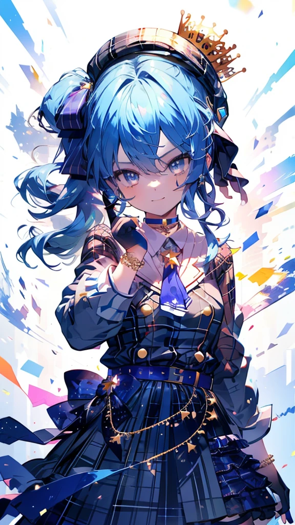 (Ultra-high resolution,masterpiece, Attention to detail, Highest quality), 8k,(sui1, 1girl, 独奏, side ponytail, Hoshimachi Suisei, fingerless gloves, single thighhigh, jewelry, thigh strap, bracelet, ons, plaid dress, blue choker, blue belt, plaid skirt, mini crown, grey skirt, blue ascot, long sleeves, plaid jacket
),(Blessed,Captivating body、Ultra-detailed skin、Super beautiful eyes、Detailed Background),One girl、 (cheerful ,enjoy :1.5),