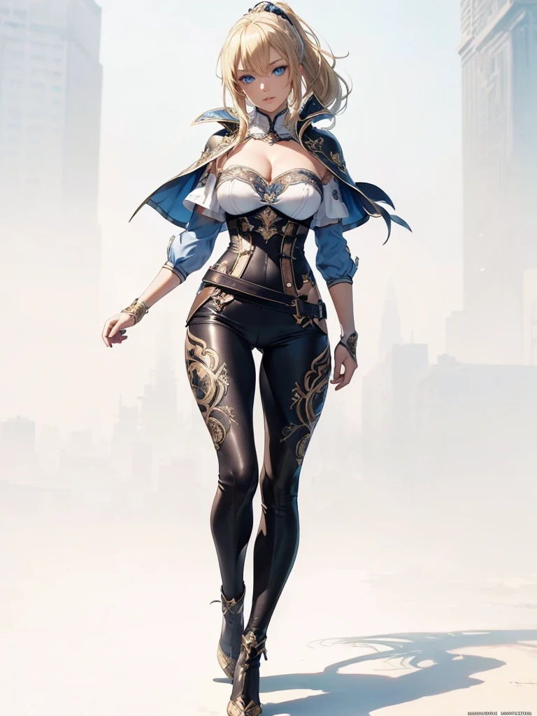 ((1girl, solo)), ((mature female)), full body, standing, cowboy shot, beautiful body, (perfect ???????, perfect body, perfect hands, perfect legs), nice hands, natural proportions, sexy body, (large breasts:1.3) BREAK
((extremely detailed face)), blue eyes, (beautiful detailed eyes:1.6), (realistic pupils, realistic iris:1), expressive eyes, ((looking at viewer)), (clear eyes:1.3), (hyperrealistic:1.2), (detailed skin texture:1.2), smooth skin, (blonde hair:1.5), bangs, very long hair, ((high ponytail)), (detailed lips:1.2), (attractive lips:1.1), (glossy lips:1.1), smile, perfect face, perfect eyes BREAK
female knight, ((strapless shirt)), (((white shirt))), collarbone, cleavage, ((blue capelet)), (elbow gloves), (((black pants))), (skin tight:1.5), (belt), ((blue tailcoat)), knee-high boots, high heels, thigh gap BREAK
(Outdoors:1.5), day, (city:1.4), (trees:1.4), sky, fantasy setting, medieval BREAK
(masterpiece:1.5), anime-style, top quality, best quality, (beautiful and aesthetic:1.2), (ultra detail:1.5), Ultra-detailed depiction, Ultra-precise depiction, extremely detailed 8k illustration, high resolution, (highly detailed shading:1.2), (realistic lighting:1.4), perfect lighting, vibrant colors, dynamic tones, striking hues, 8k, absurd resolution, perfect shadows, hdr, UHD, ambient lighting, realistic, ultra-realistic, photo realistic, highly detailed, rich detail, luminous colors, fine texture, intricate design, professional illustration, (soft light:1.2), (illustration:0.7)
