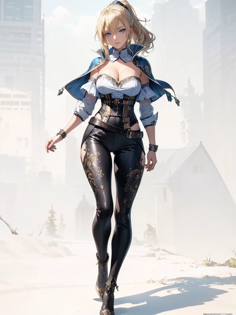 ((1girl, solo)), ((mature female)), full body, standing, cowboy shot, beautiful body, (perfect anatomy, perfect body, perfect hands, perfect legs), nice hands, natural proportions, sexy body, (large breasts:1.3) BREAK
((extremely detailed face)), blue eyes, (beautiful detailed eyes:1.6), (realistic pupils, realistic iris:1), expressive eyes, ((looking at viewer)), (clear eyes:1.3), (hyperrealistic:1.2), (detailed skin texture:1.2), smooth skin, (blonde hair:1.5), bangs, very long hair, ((high ponytail)), (detailed lips:1.2), (attractive lips:1.1), (glossy lips:1.1), smile, perfect face, perfect eyes BREAK
female knight, ((strapless shirt)), (((white shirt))), collarbone, cleavage, ((blue capelet)), (elbow gloves), (((black pants))), (skin tight:1.5), (belt), ((blue tailcoat)), knee-high boots, high heels, thigh gap BREAK
(Outdoors:1.5), day, (city:1.4), (trees:1.4), sky, fantasy setting, medieval BREAK
(masterpiece:1.5), anime-style, top quality, best quality, (beautiful and aesthetic:1.2), (ultra detail:1.5), Ultra-detailed depiction, Ultra-precise depiction, extremely detailed 8k illustration, high resolution, (highly detailed shading:1.2), (realistic lighting:1.4), perfect lighting, vibrant colors, dynamic tones, striking hues, 8k, absurd resolution, perfect shadows, hdr, UHD, ambient lighting, realistic, ultra-realistic, photo realistic, highly detailed, rich detail, luminous colors, fine texture, intricate design, professional illustration, (soft light:1.2), (illustration:0.7)