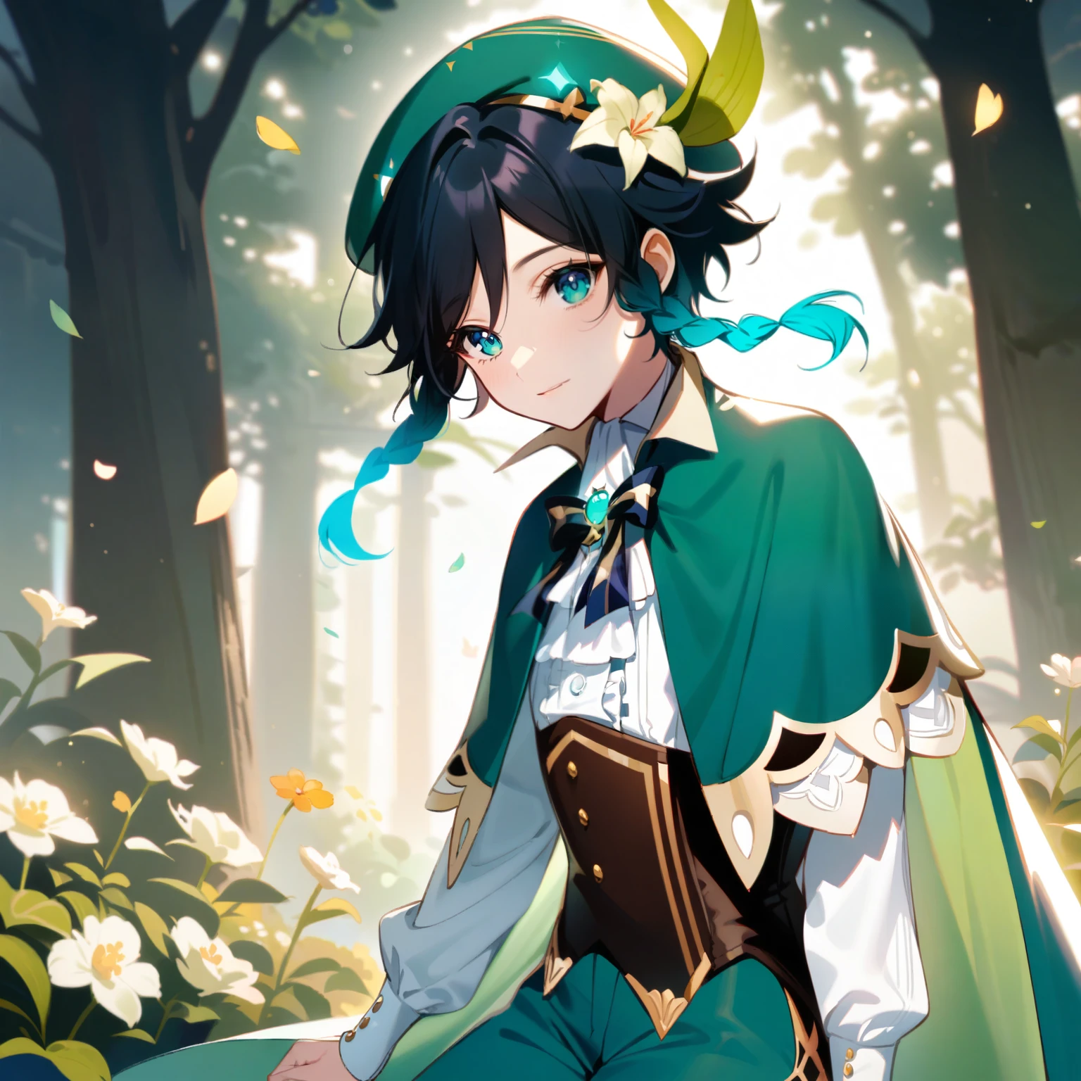 (best quality,4k,8k,highres,masterpiece:1.2),1boy,venti genshin impact,male focus,flat chest,ultra-detailed,realistic:.5,(dsmile:0.5),morning of spring,delicate light rays,rich color palette,elegant curves,effects of light and shadow,flower petals falling,springtime essence,ethereal atmosphere,peaceful garden background,morning dew,soft sunlight filtering through trees,lush plants,komorebi,vividly colored blossoms,transcendent beauty,awe-inspiring artwork,white long-sleeved shirt, brown corset,green shorts, white tights,green cape,hat,brooch,green eyes,wise and kind god,cinematic lighting, ray tracing, UHD, high details, high quality, award winning, super detail,wind magic