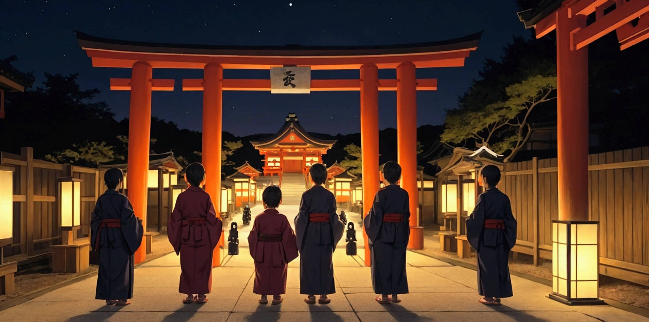 Japan、A large group of human children standing in front of a cute Jizo statue、Laughing kids、Wearing a yukata、Shrine at night、