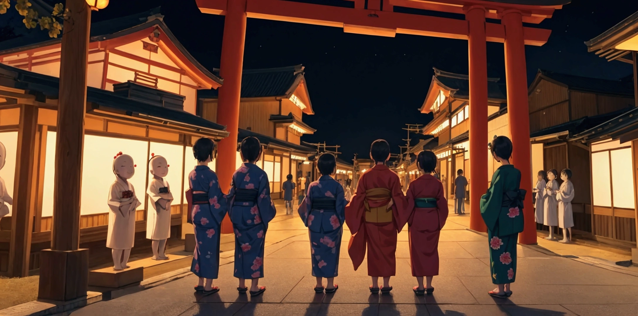 Japan、A large group of human children standing in front of a cute Jizo statue、Laughing kids、Wearing a yukata、Shrine at night、