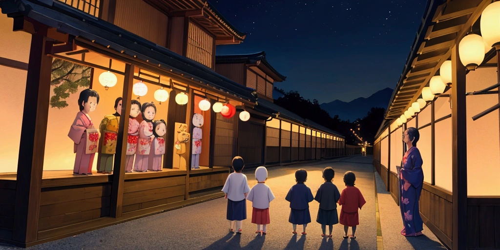 Japan、A large group of human children standing in front of a cute Jizo statue、Laughing kids、Wearing a yukata、Shrine at night、