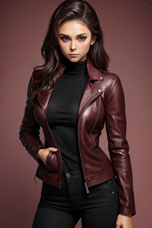 Nina Dobrev with very large breasts in a burgundy leather jacket