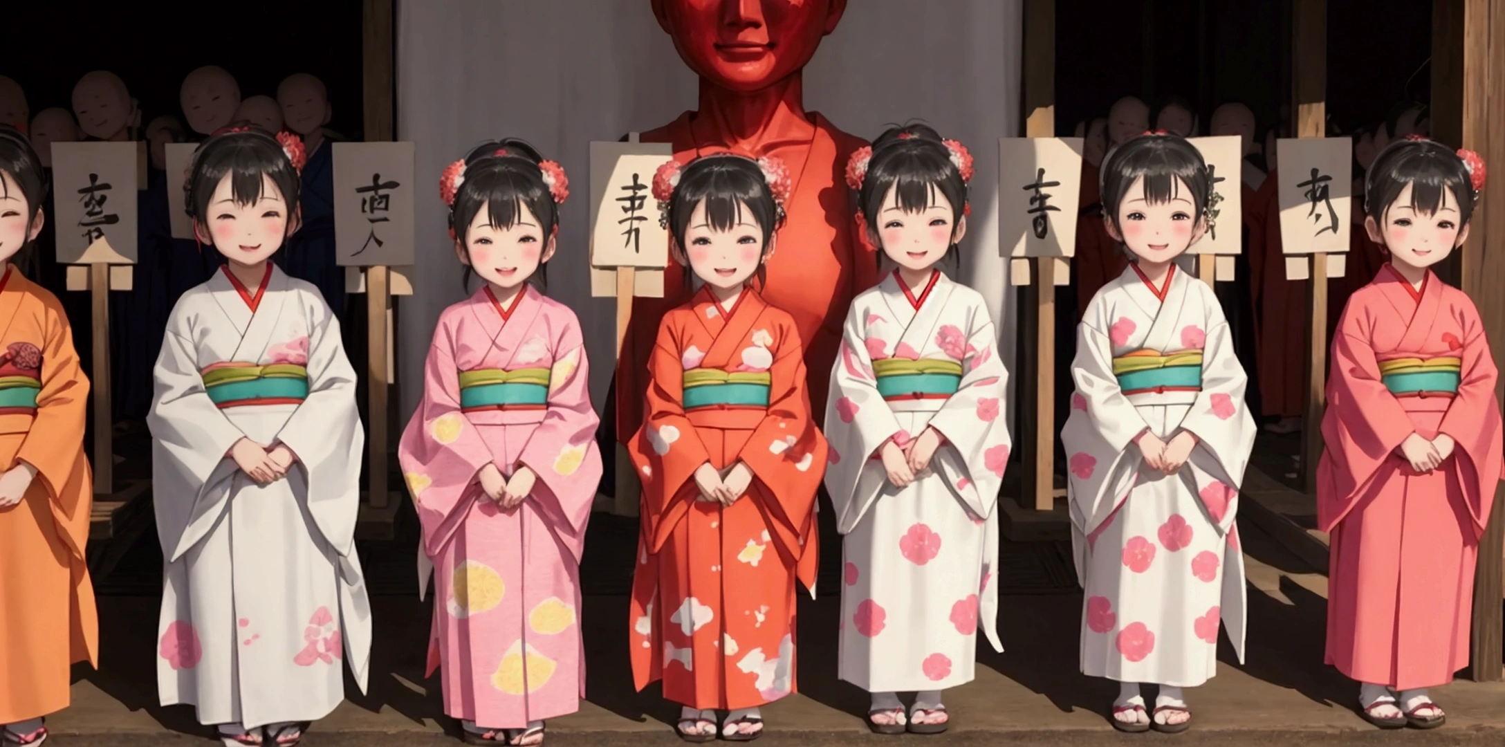 Jizo Bon、Japan、A large group of human children standing in front of a cute Jizo statue、Laughing kids、Wearing a yukata